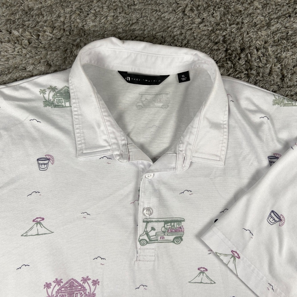 Travis‎ Mathew Tiki Mapes Print Polo Mens XL White Shirt Tropical Golf Stretch